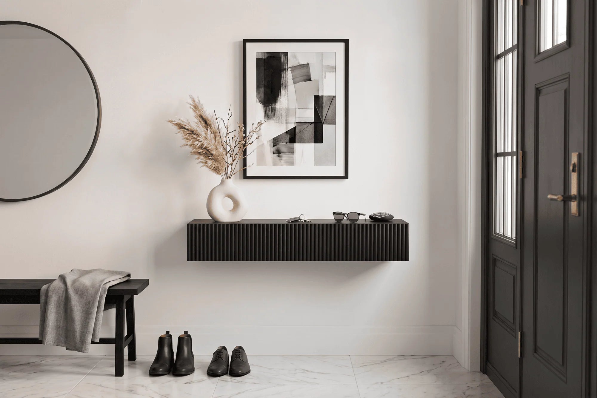 black and white entryway