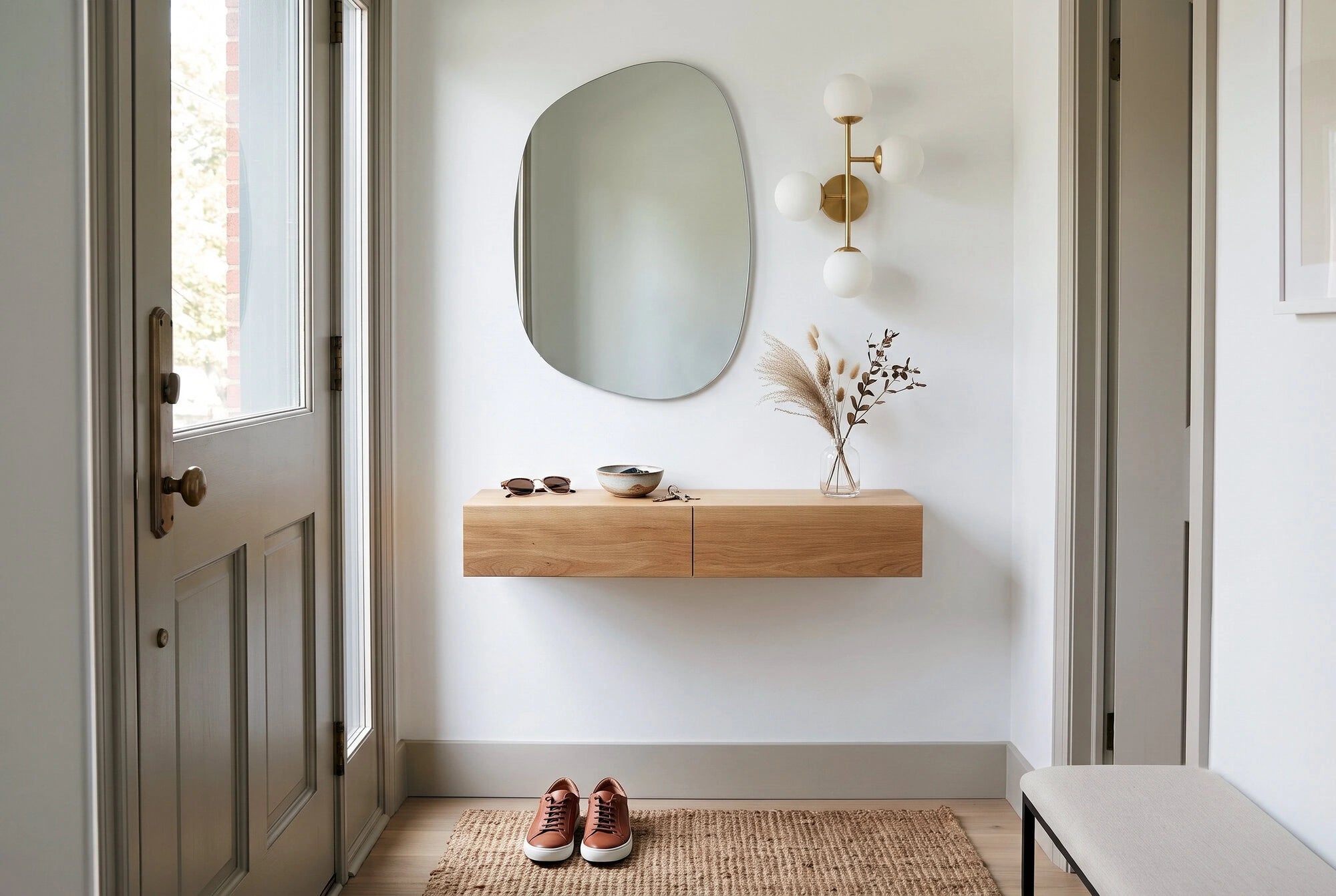contemporary entryway with oak entryway shelf