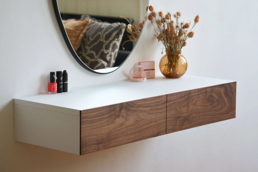 Floating Dressing ESSENTIAL Floating dressing table with walnut drawers | mybettershelf