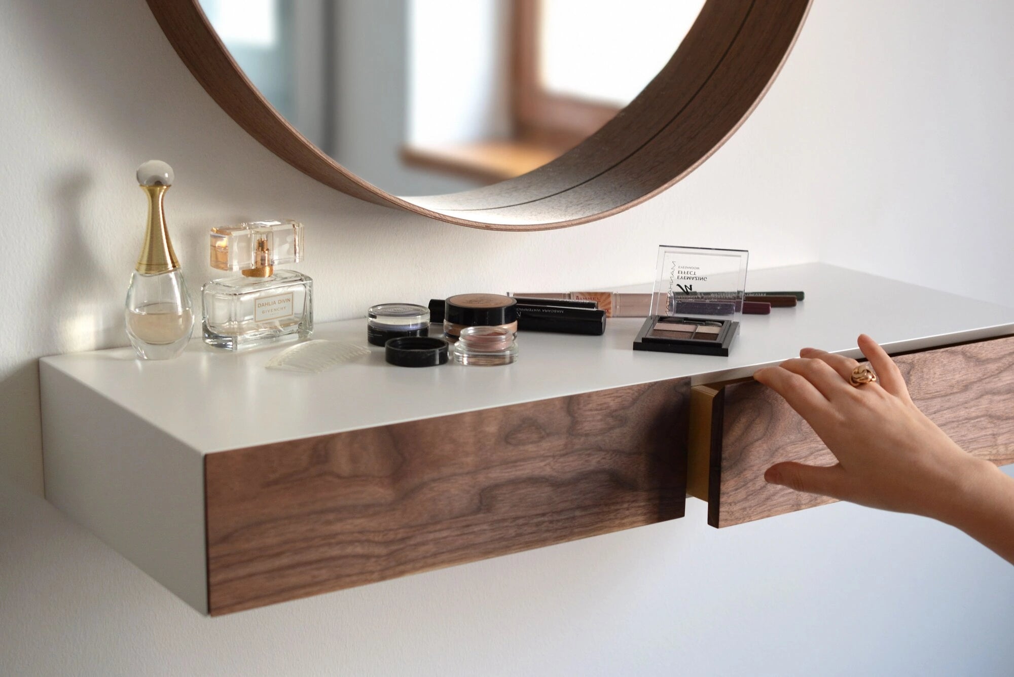 White floating dressing table with walnut drawers | mybettershelf