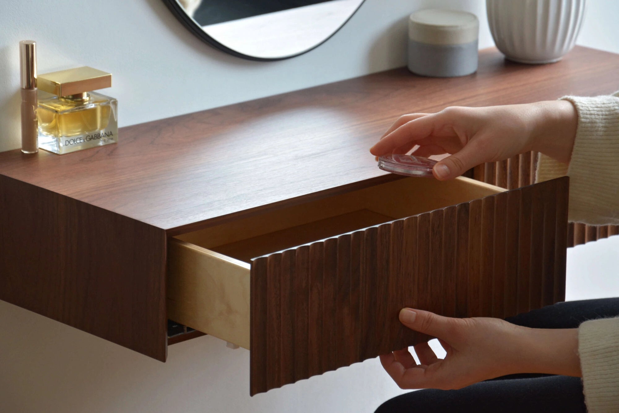 modern walnut dressing table JASIWAY Modern White & Walnut Makeup Vanity Desk with Storage and Wavy Drawers