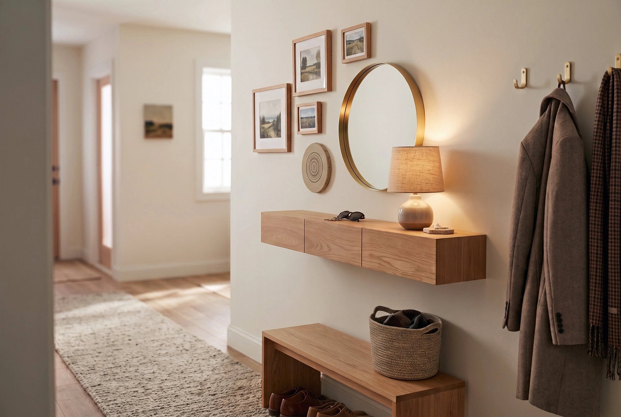 hallway with oak shelf