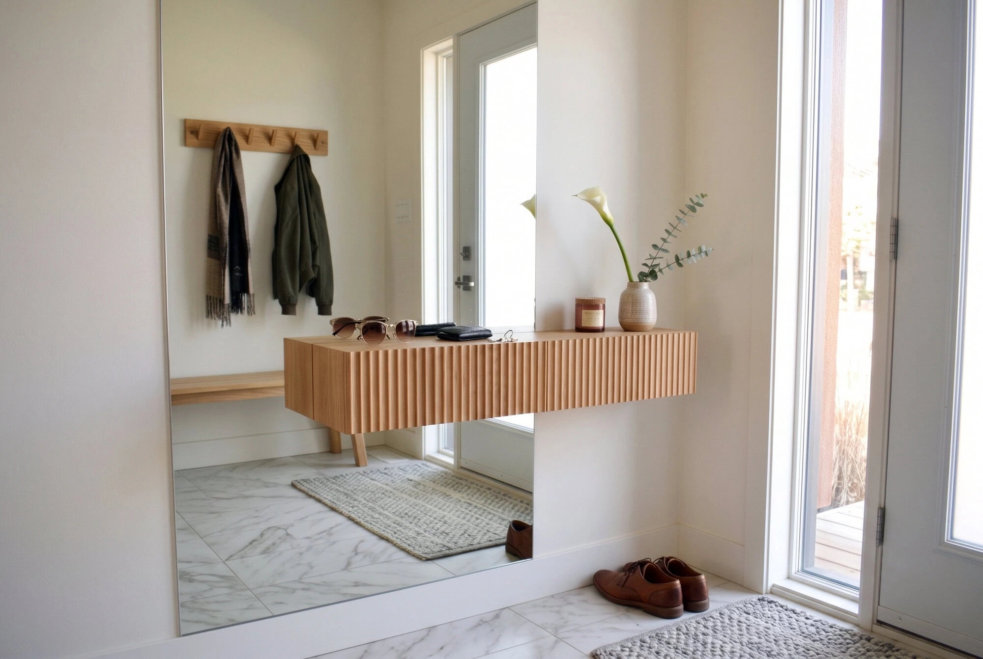 entryway with mirror and fluted shelf