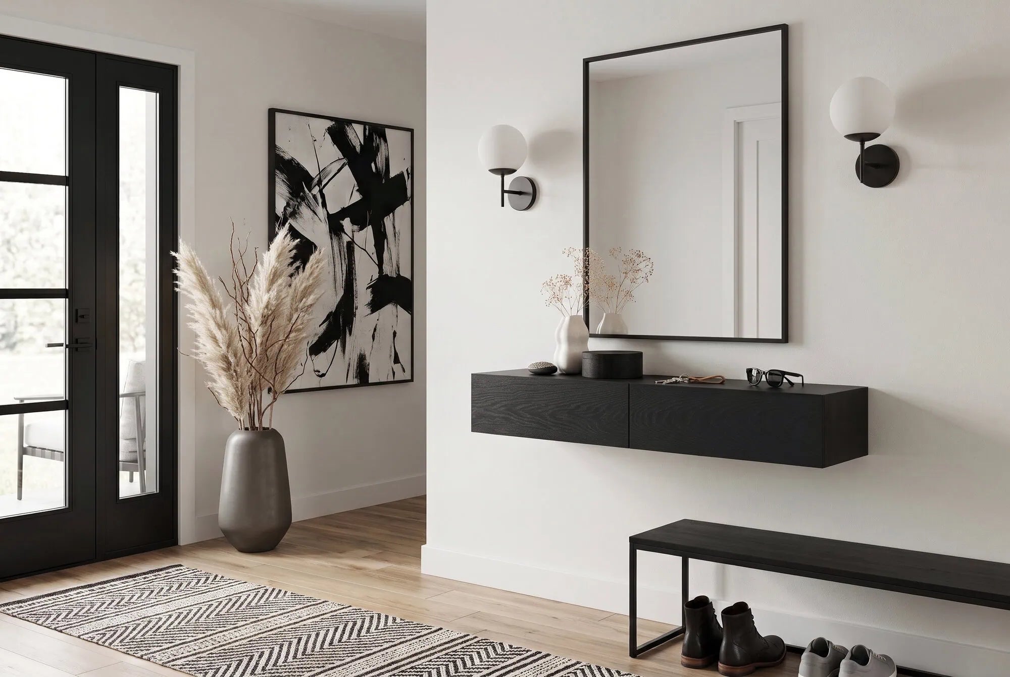 modern black and white entryway