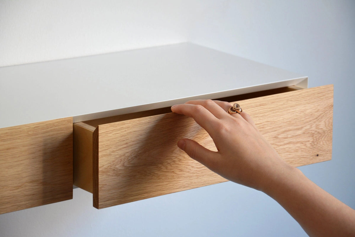 Floating Oak Table White floating dressing table with oak drawers | mybettershelf