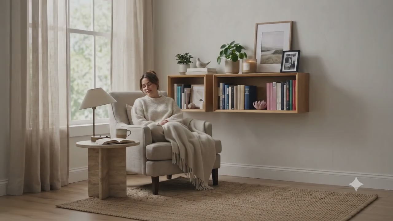 oak floating bookshelf in a reading nook